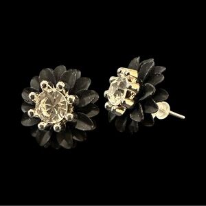Black Flower Stud Earrings Crystal Center Stone